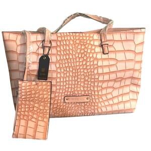 De Vesi Blush Crocodile Pattern Tote Bag. Pink Rose 16”W X 11”L